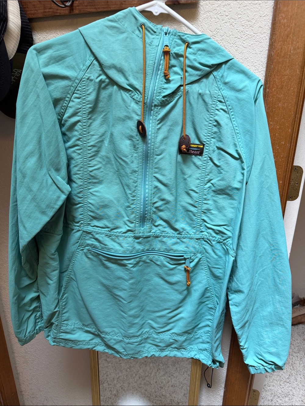 L.L. Bean Aqua Pullover Anorak with Yellow Drawcords